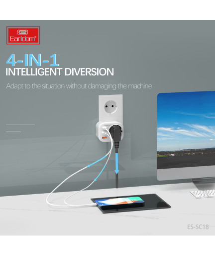 Универсален преходник - зарядно Earldom ES-SC18, 2xUSB, 1xType-C, Шуко, Бял - 40524