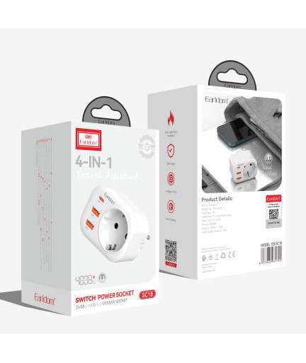 Универсален преходник - зарядно Earldom ES-SC18, 2xUSB, 1xType-C, Шуко, Бял - 40524