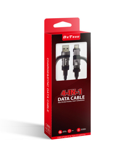 Кабел за данни DeTech DE-54UCI, 4в1 USB-Lightning/Type-C Type-C - Type-C, 1.0m, Черен - 40535