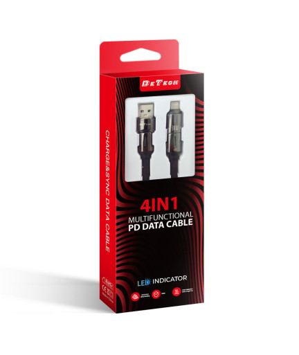 Кабел за данни DeTech DE-55UCI, 4в1 USB-Lightning/Type-C Type-C - Type-C Type-C - Lightning, 1.0m, Черен - 40536