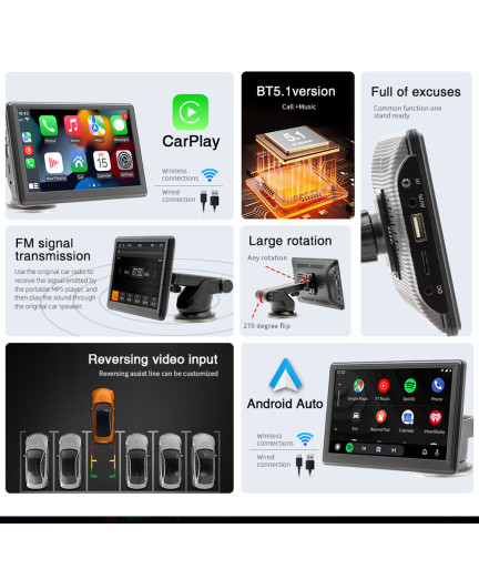 Преносим CarPlay / Android Auto дисплей No brand X500L, 7", За автомобил - 13309