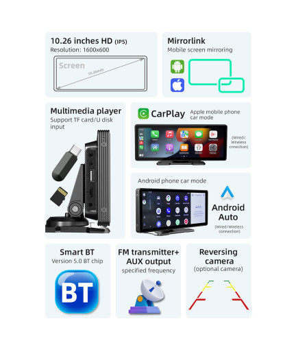 Преносим CarPlay / Android Auto дисплей No brand X5303, 10.26", За кола - 13319