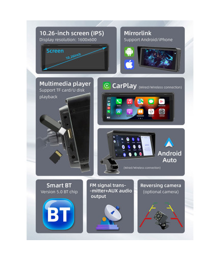Преносим CarPlay / Android Auto дисплей No brand X5313, 10.26", За кола - 13318