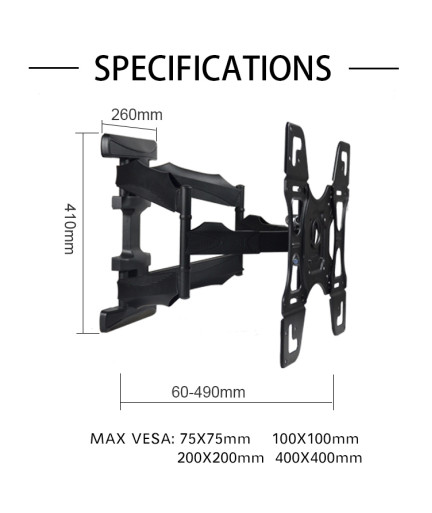 Стойка за телевизор No brand, За стена, С подвижно рамо, До 65", Черен - 17932