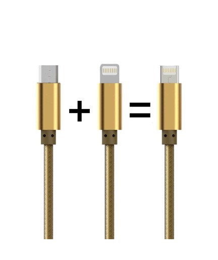 Кабел за данни, LDNIO, 2 в 1, Micro USB + Lightning (iPhone 5/6/7), С оплетка, Златист - 14490