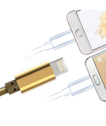 Кабел за данни, LDNIO, 2 в 1, Micro USB + Lightning (iPhone 5/6/7), С оплетка, Златист - 14490