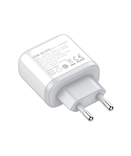 Мрежово зарядно устройство LDNIO A2526C, 45W, 1 x Type-C F, 1 x USB F, PD, QC, PPS, С Lightning кабел , Бял - 40285
