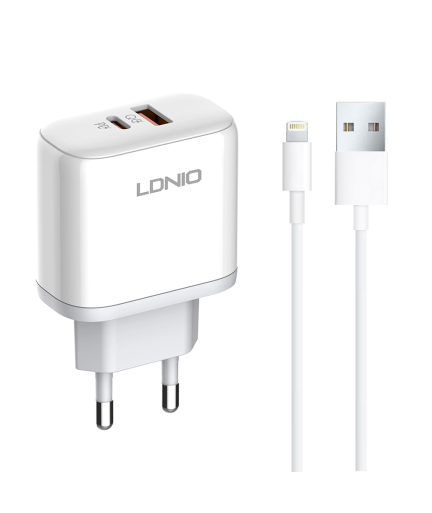 Мрежово зарядно устройство LDNIO A2526C, 45W, 1 x Type-C F, 1 x USB F, PD, QC, PPS, С Lightning кабел , Бял - 40285