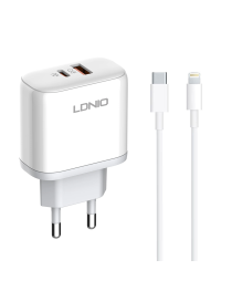 Мрежово зарядно устройство LDNIO A2526C, 45W, 1 x Type-C F, 1 x USB F, PD, QC, PPS, С Кабел Type-C към Lightning , Бял - 40288