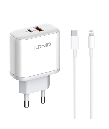 Мрежово зарядно устройство LDNIO A2526C, 45W, 1 x Type-C F, 1 x USB F, PD, QC, PPS, С Кабел Type-C към Lightning , Бял - 40288