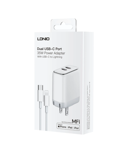 Мрежово зарядно устройство LDNIO A2528M, MFi, 35W, 2 x Type-C F, PD, С Кабел Type-C към Lightning, Бял - 40280