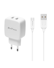 Мрежово зарядно устройство DeTech DE-33M, 5V/2.4A, 220V,2 x USB, С Micro USB кабел, 1.0m, Бял - 40100