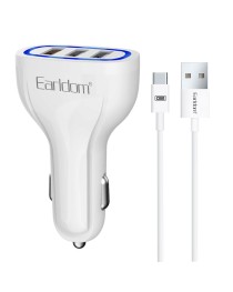 Зарядно устройство за кола Earldom ES-CC13, 3xUSB, QC3.0, С Type-C кабел, Бял - 40254