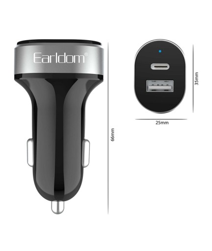 Зарядно устройство за кола Earldom ES-CC14, 1xUSB, 1xType-C, С PD Type-C кабел, Черен - 40244