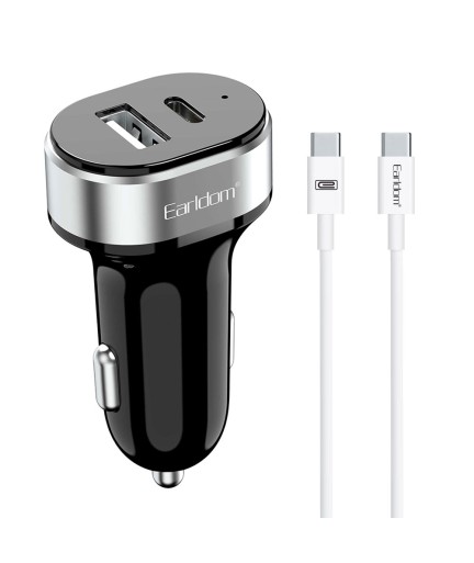 Зарядно устройство за кола Earldom ES-CC14, 1xUSB, 1xType-C, С PD Type-C кабел, Черен - 40244