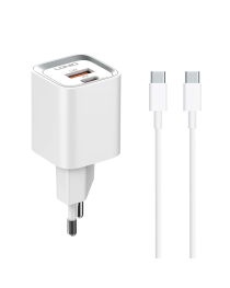 Мрежово зарядно устройство LDNIO A2318C, 20W, 1 x Type-C F, 1 x USB F, PD, QC, С PD Type-C кабел, Бял - 40292