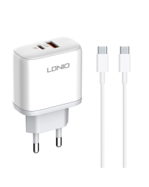 Мрежово зарядно устройство LDNIO A2526C, 45W, 1 x Type-C F, 1 x USB F, PD, QC, PPS, С PD Type-C кабел, Бял - 40287