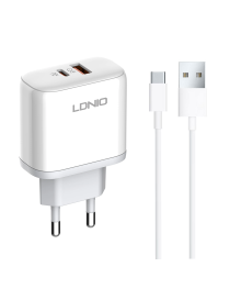 Мрежово зарядно устройство LDNIO A2526C, 45W, 1 x Type-C F, 1 x USB F, PD, QC, PPS, С Type-C кабел , Бял - 40286