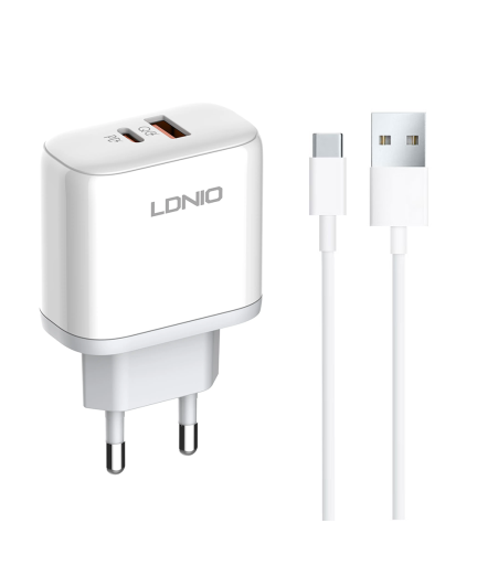 Мрежово зарядно устройство LDNIO A2526C, 45W, 1 x Type-C F, 1 x USB F, PD, QC, PPS, С Type-C кабел , Бял - 40286