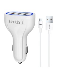 Зарядно устройство за кола Earldom ES-CC13, 3xUSB, QC3.0, С Micro USB кабел, Бял - 40252