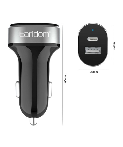 Зарядно устройство за кола Earldom ES-CC14, 1xUSB, 1xType-C, С Micro USB кабел, Черен - 40241