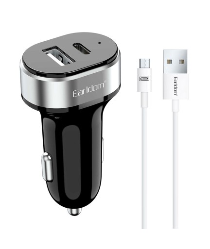 Зарядно устройство за кола Earldom ES-CC14, 1xUSB, 1xType-C, С Micro USB кабел, Черен - 40241