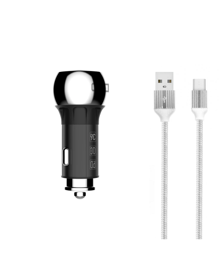 Зарядно устройство за кола LDNIO C1, 1xUSB QC3.0, 1xType-C PD, С Micro USB кабел, Сив - 40076