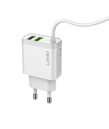 Мрежово зарядно устройство LDNIO A321, 5V 3.1A, 2 x USB, С кабел за iPhone 5/6/7SE, Бял - 14742